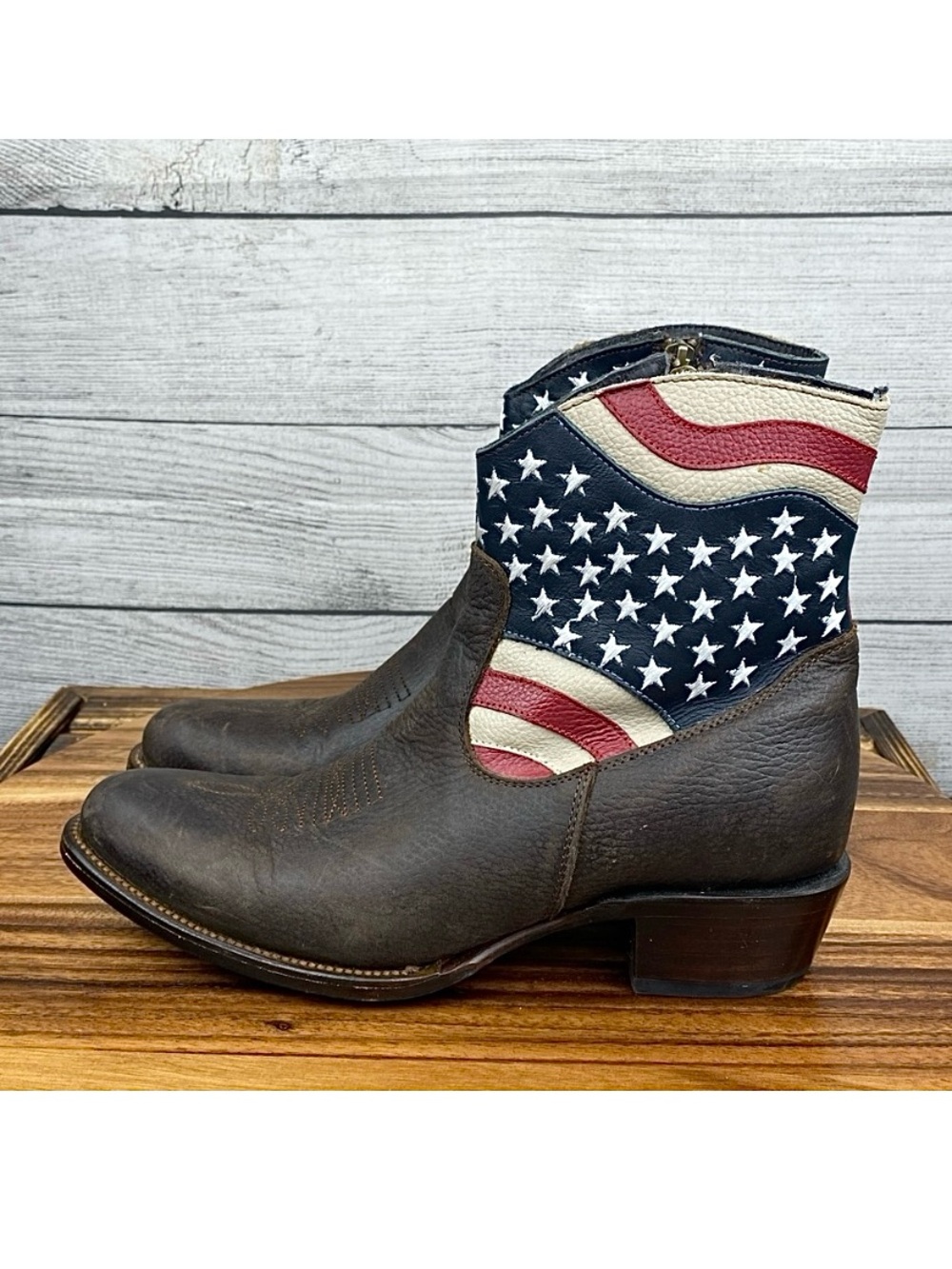 J.B. Dillon Women’s American Flag USA Brown Leather Mini Cowboy Boots Size 9 B